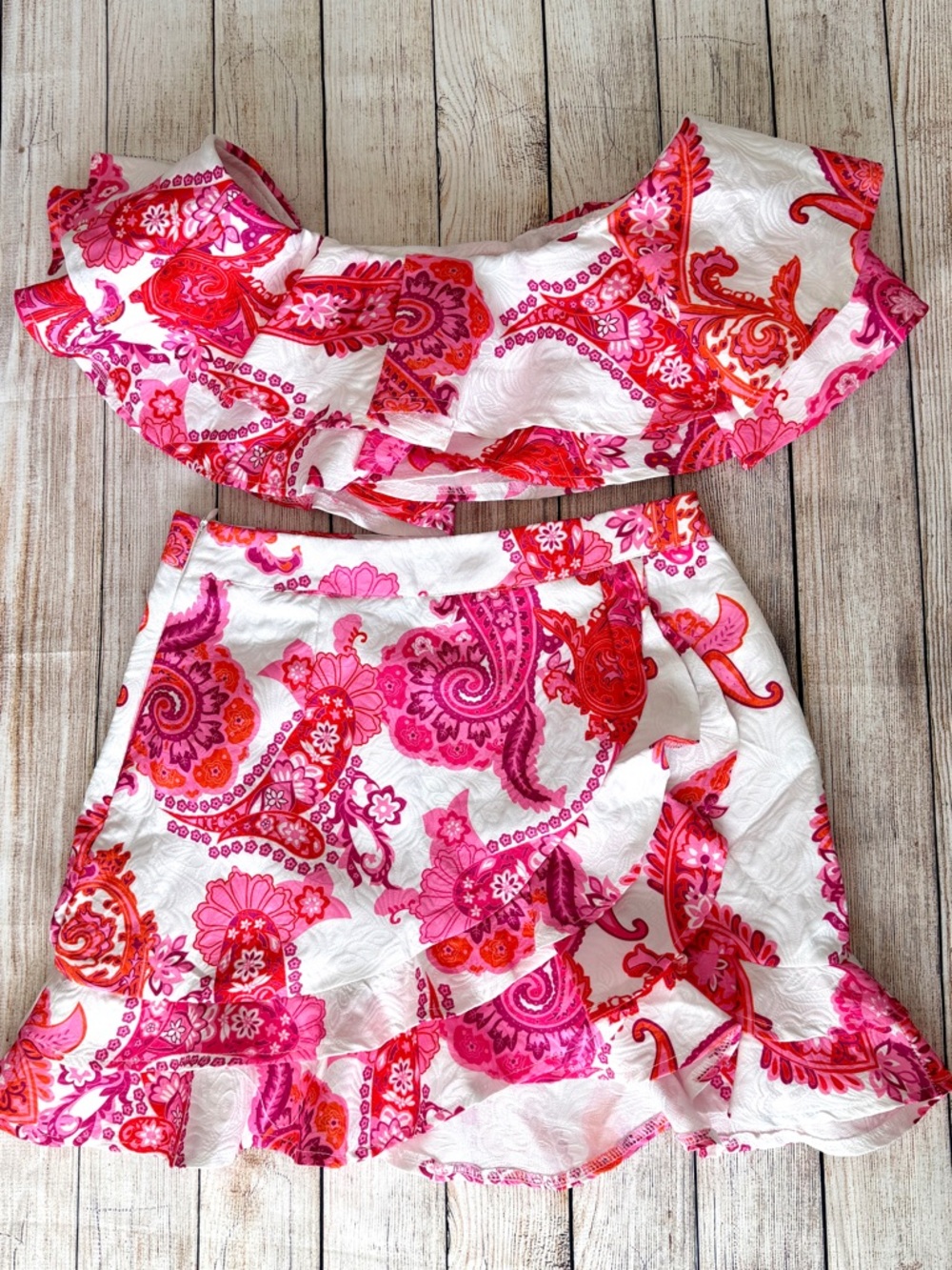 H&M Paisley Print Ruffle Crop Top + Mini Skirt Set XS/S Boho Summer Two Piece